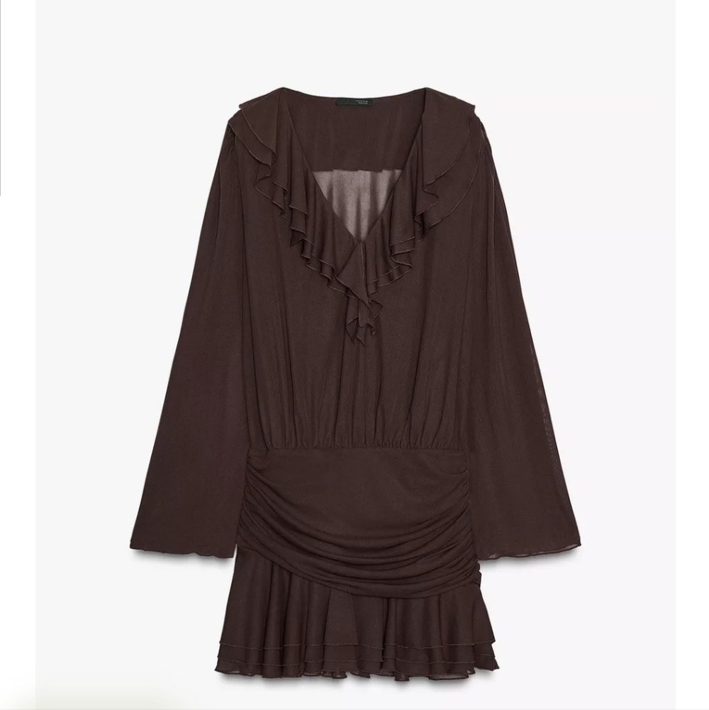 Zara Chocolate Long Sleeve Ruffle Dress
